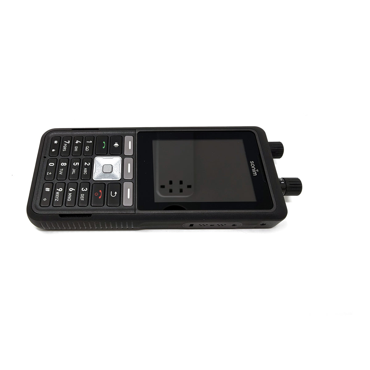 Sonim XP5plus front, showing keypad, display and top channel and volume knobs
