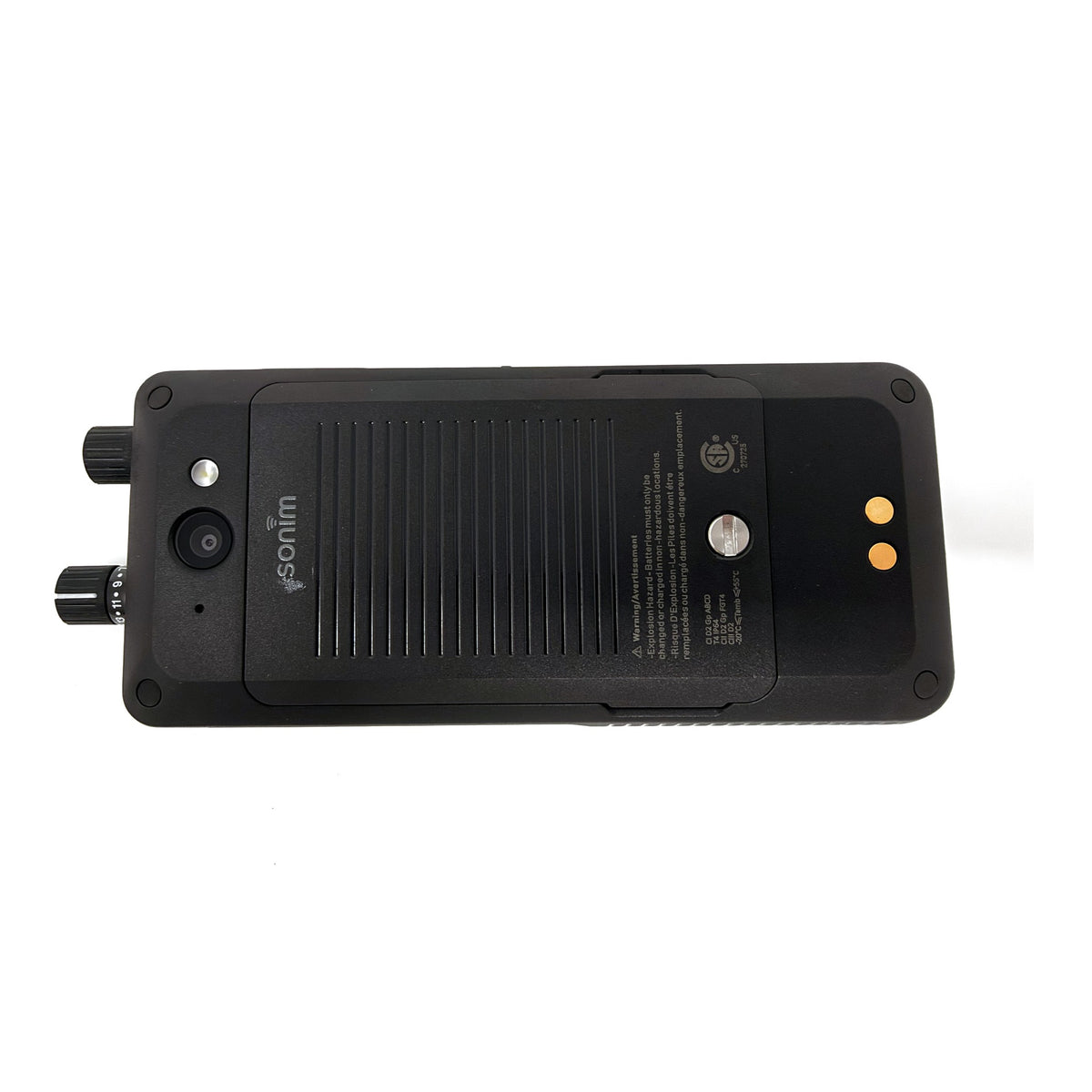 Sonim XP5plus back, showing camera, battery cover and charging contacts