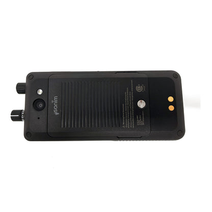 Sonim XP5plus back, showing camera, battery cover and charging contacts